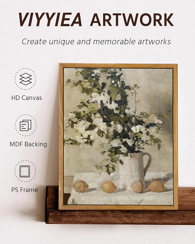 VIYYIEA Vintage Framed Canvas Wall Art, Kitchen Art Decor, Flowers and Lemons Pictures Painting, Vintage Farmhouse Country Decor for Dining Room Bathroom, 9"x11"