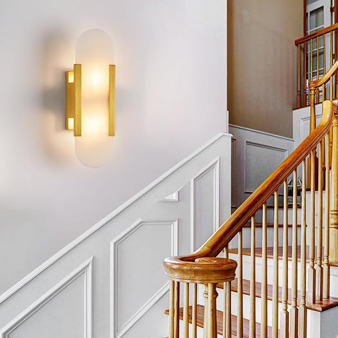 Fanyank-13.8in Alabaster Wall Sconce,Natural Marble Wall Lighting,Gold Wall Light Fixtures for Bedroom Stairs, Living Room, Vanity, Hallway Bedside(Bulb Included)