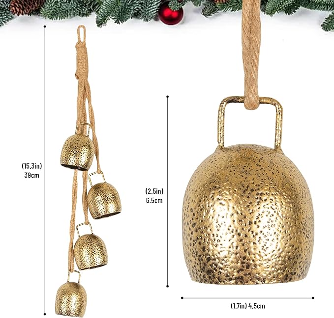 Styleonme Decorative Bells, Christmas Decor, Huangma Hanging Rope Metal Decorative Bull Bells, 4-Piece Set of Harmonious Bells, Vintage Handmade Rustic Lucky Christmas Cow Bells