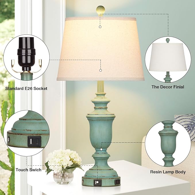25.6" Farmhouse Table Lamps Set of 2 with USB C+A Ports & AC Outlet for Rustic Living Room Retro Bedroom,3-Way Dimmable Touch Lamp Bedside Lamps for Nightstand Side End Table,Retro Green