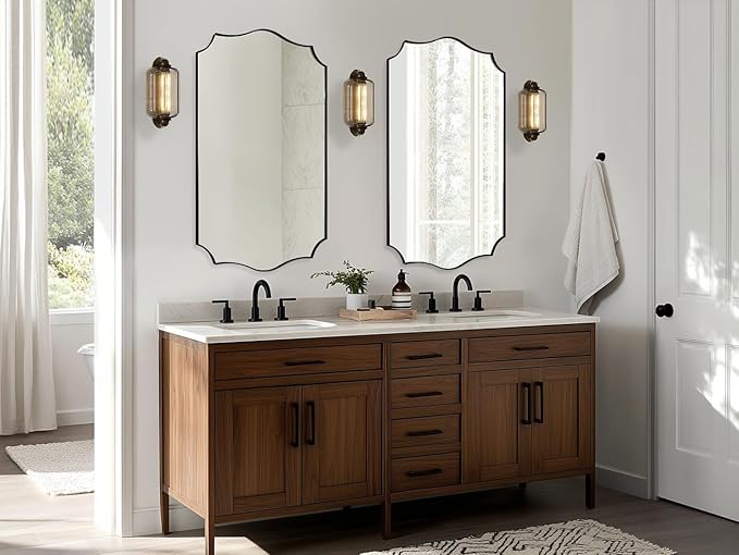 ANDY STAR Matte Black Mirror, 24x36 Inch Scalloped Bathroom Mirror, Unique Wavy Rectangle Mirror in Stainless Steel Metal 1” Frame, Wall Mount Vertical or Horizontal