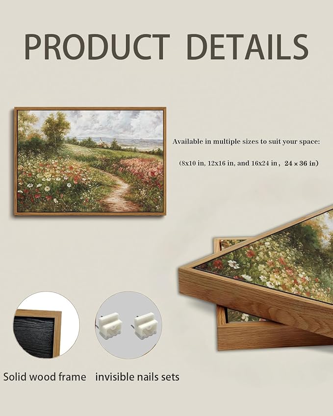 KISSFOX Vintage Landscape Framed Wall Art Spring Rustic Pathway Flower Field Canvas Art Natural Countryside Paintings Artwork Farmhouse Art Prints For Bedroom Bathroom Living Room