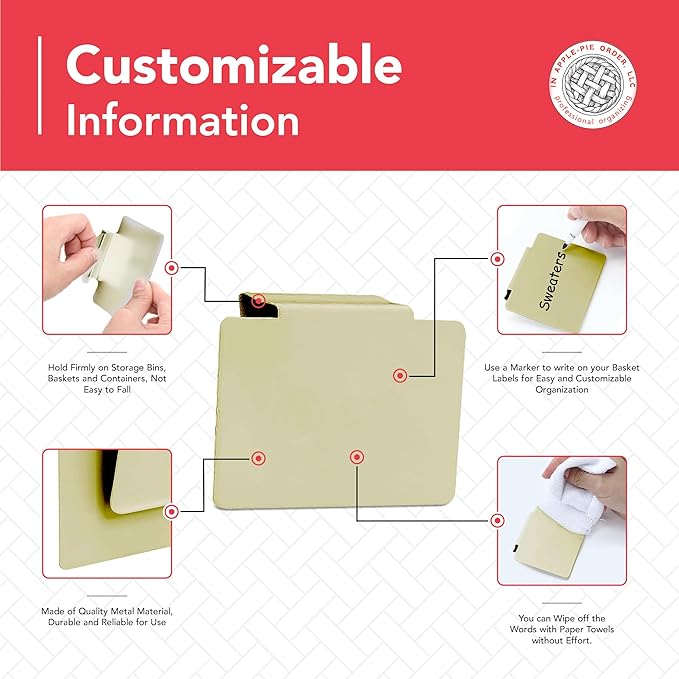 Labels for Storage Bins | Metal Storage Bin Clips (2.5โ x 3.5โ) - Set of 8 Basket Clip On Tags for Storage Bins w/Non-Slip Grip Pads & Dry Erase Marker - Removable Bin Labels for Storage Baskets