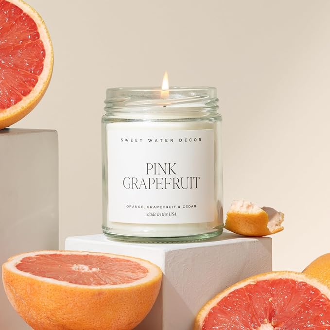 Sweet Water Decor Pink Grapefruit Scented Candles - Soy Candles with Grapefruit, Musk & Cedar for Home Decor - Candle Wax with 40 Hours Burn Time - 9oz Gold Lid Clear Jar Candles for Home Scented