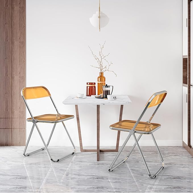 VINGLI Acrylic Folding Chairs 2 Pack, Clear Chair Foldable and Stackable, Plastic Panel & Metal Chrome Frame, Weight Capacity 350 lbs, Orange