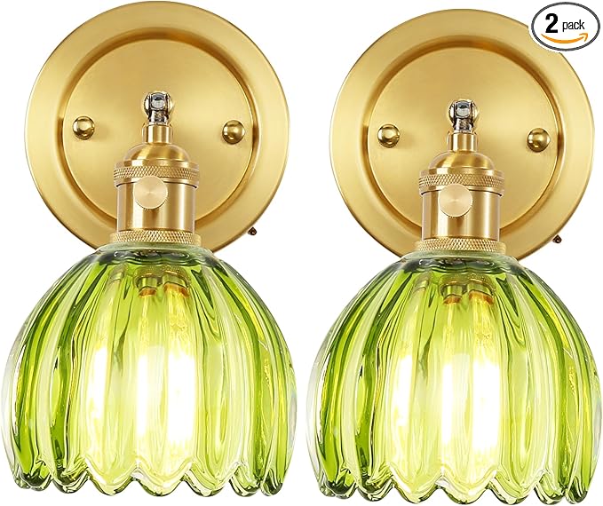 Vintage Wall Sconces Set of Two, 180 Degree Adjustable Brass Vanity Lights Fixture with Green Tulip Glass Lampshade, Hradwired Modern Wall Lighting for Bedside Bedroom Bathroom