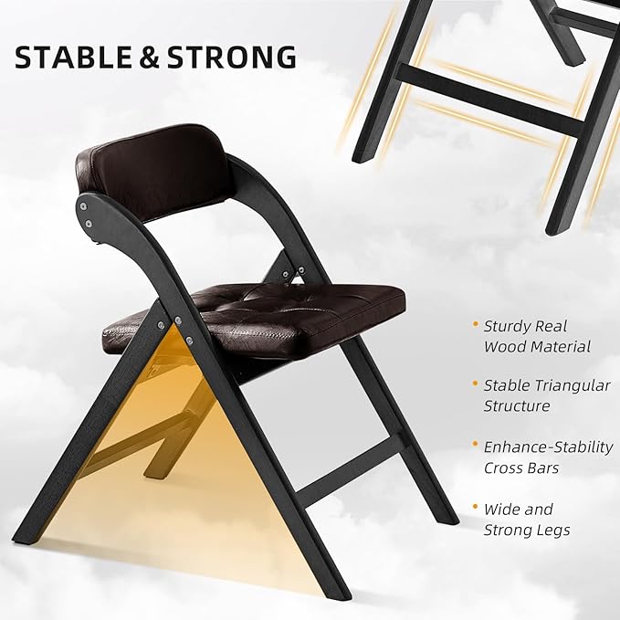 Padded Folding Chairs Set of 2, Wooden Dining Chair, Stackable Wooden Foldable Chair, Wood Folding Chairs with Cushion for Wedding, Guests Kitchen, Office, Party, Picnic Chair (Black Brown)