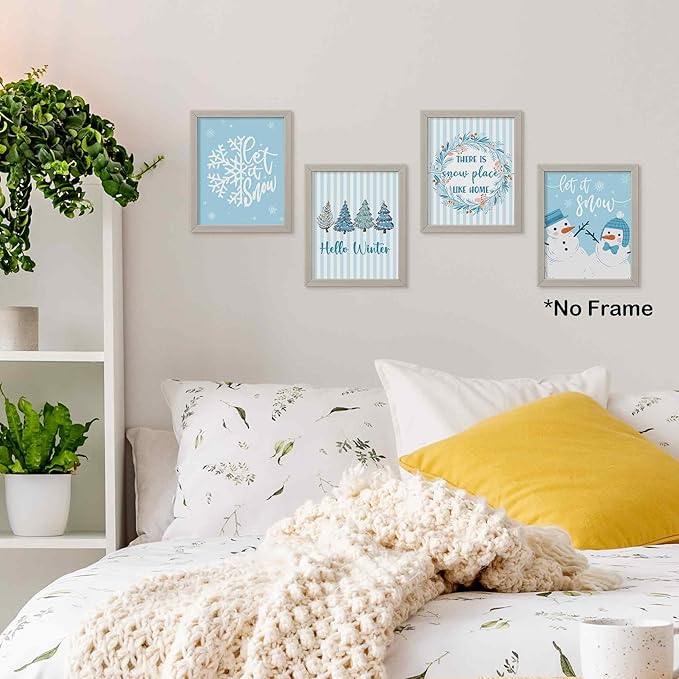 TLESKE Blue Winter Christmas Trees Let It Snow Posters Prints Unframed Set of 4, There Is Snow Place Like Home Wall Art Prints Decor for Bedroom Living Room, Hello Winter Snowmen Snowflakes Pictures, 8x10 Inches