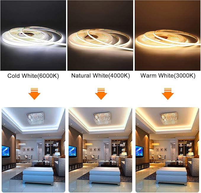 12V Flexible COB LED Strip Light Tape 3000K Warm White Color, 480LEDs/m 16.4FT/5M CRI>90, High Bright Ribbon Light for House Kitchen Room Ceiling Decor (DC12V, Wihtout Power Supply)