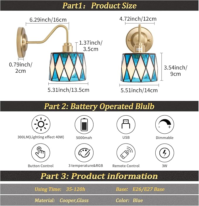 Vintage Battery Operated Wall Sconce Set of 2, 5000mAh Rechargeable Wall Lamp 12 RGB Colors Dimmable, Gold Lights Fixture for Bedroom Bathroom Living Room Hallway Blue Checker