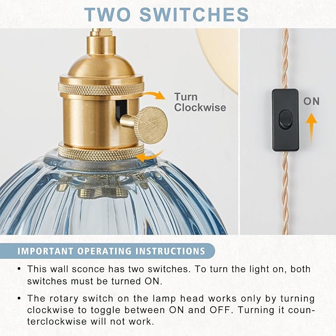 Plug in Wall Sconce, Vintage Sconce Light with Tulip Denim Blue Glass Lampshade, 180° Adjustable Wall Sconce with Switch and Plug in Wall Lamp Cord, Gold Wall Light for Bedroom Bedside