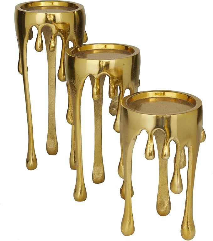 CosmoLiving by Cosmopolitan Aluminum Metal Abstract Decorative Candle Holder Melting Drip Candle Stand, Set of 3 Candlestick Holder 12", 10", 8"H, Gold