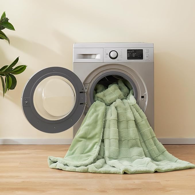 Cozy Bliss Fluffy Faux Fur Blanket King Size for Bed, Fuzzy Soft Striped Plush Blanket, Thick Throw for Bedroom Couch Gift, 108x90 Inches Sage Green