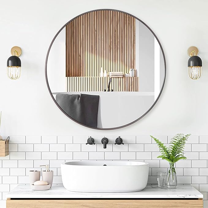 30 inch Dark Gray Bathroom Wall Mirror, Brushed Titanium Metal Framed Round Mirror for Bathroom Vanity, Bedroom Decor, Living Room, Entryway