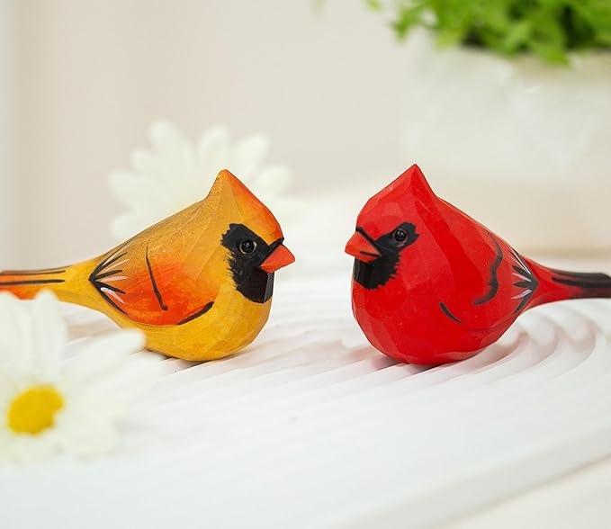 Handcrafted Red Cardinal Figurines – 1 Pair Small Wooden Christmas Male & Female Cardinals Statues Decor for Shelf, Desk, Mantel – Eco-Friendly for Women & Collectors