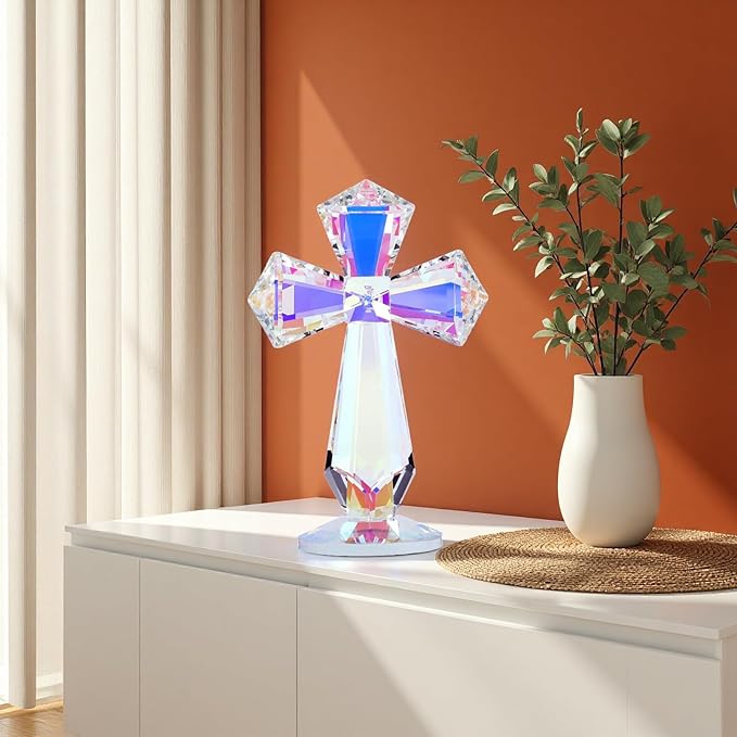 Crystal Standing Cross Decor, Easter Christmas Decoration for Pary,Religious Gifts for Women Men, Handmade Glass Holy Collectible Figurines (Multicolor Crystal Cross)