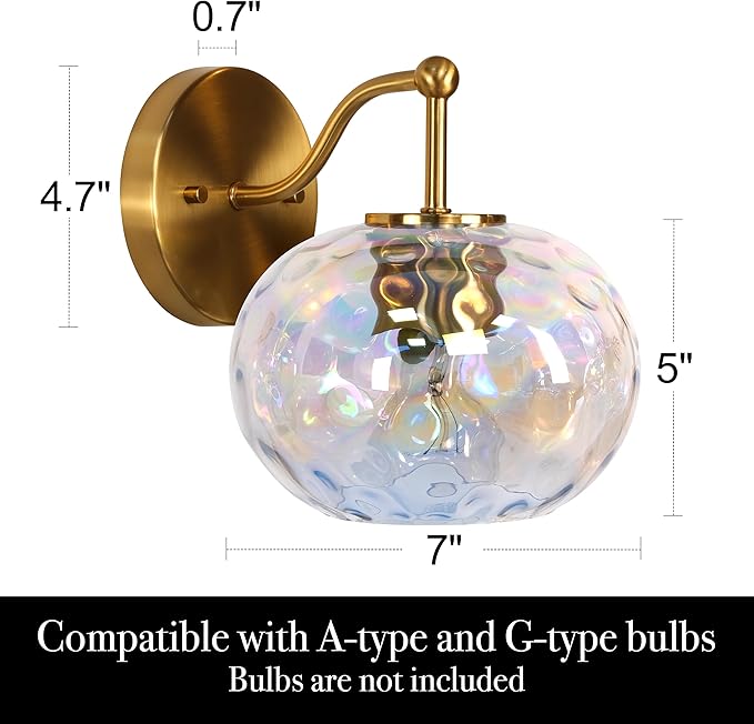 Gold Wall Sconce Light Colorful Hammered Glass Vanity Lighting Brushed Brass Wall Lamp for Bathroom Over Mirror