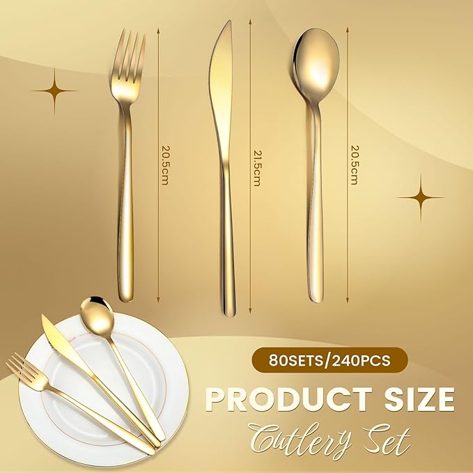 240 Pcs Gold Silverware Set for 80 - Stainless Steel Flatware Cutlery Set Include Forks, Knives & Spoons for Wedding Parties, Kitchen, Restaurant - Dishwasher Safe