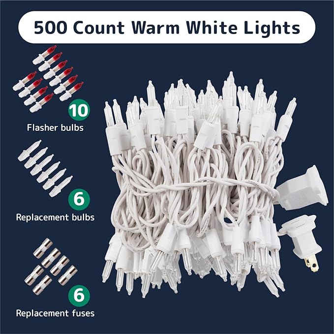 PREXTEX Christmas Lights - 500 Clear Bulbs on 100 ft White Wire, Warm Twinkle Lights String for Indoor and Outdoor Holiday Decorations - Clear Warm White