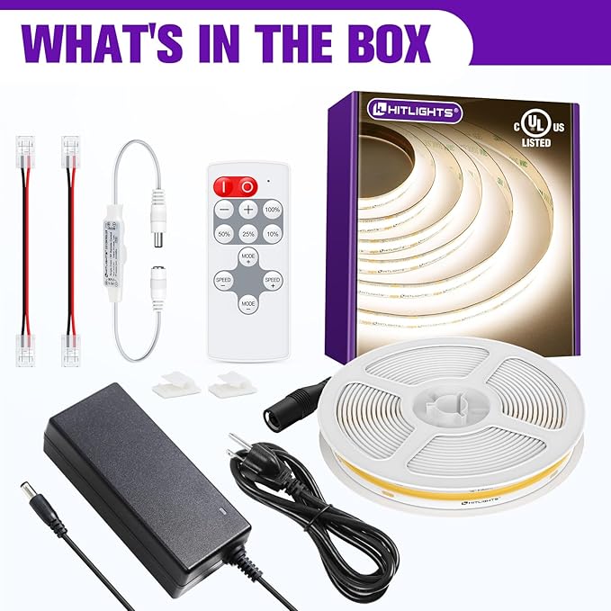 HitLights White COB LED Strip Lights Kit 4000K, Dimmable Tape Light with Remote 12V Power Supply, 2640 LEDs, 426 lm/ft, CRI 90+, UL Listed, Premium Lighting for Kitchen Cabinet Living Room, 16.4ft