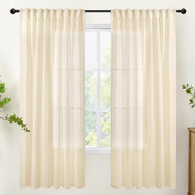 YoungsTex Champagne Linen Semi Sheer Curtains 72 Inch Length for Living Room, Light Filtering Textured Window Treatments Rustic with Rod Pocket Back Tab for Bedroom Dining, 2 Panels, 52 X 72 Inch