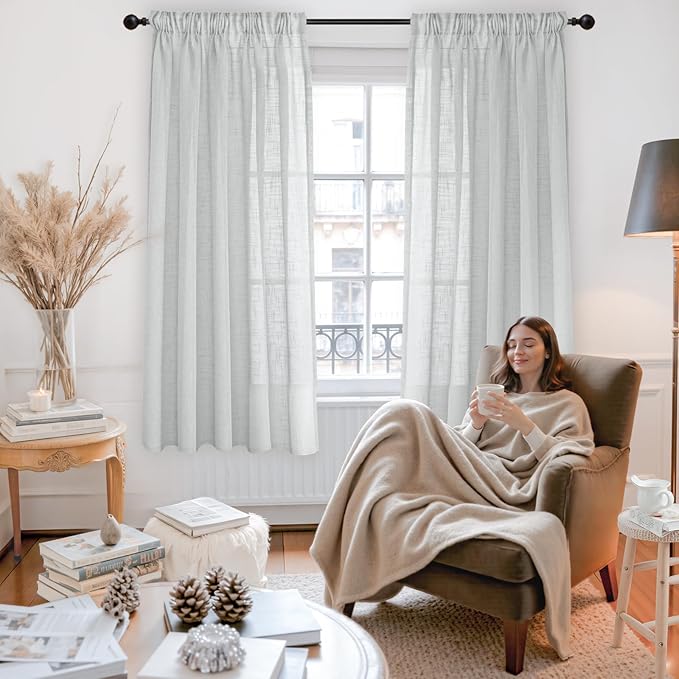 YoungsTex Light Grey Linen Curtains 63 Inch Length for Living Room Window, Semi Sheer Drapes Textured Light Filtering with Rod Pocket Back Tab for Bedroom, 2 Panels, 42 X 63 Inch