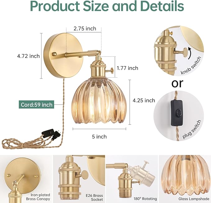 Plug in Wall Sconce,Cute Amber Tulip Glass Lampshade Wall Light Plugin Corded for Bedside Bedroom Doorway