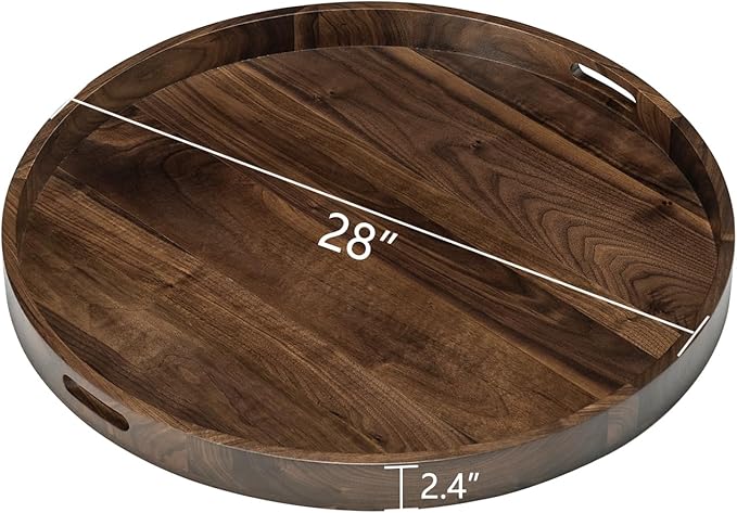 28x 28 inches King Sized Round Ottoman Table Tray, Oversized Solid Wooden Black Walnut Decorative Serving Tray with Handles, Extra Large Circle Platter for Oversized Ottoman Bed