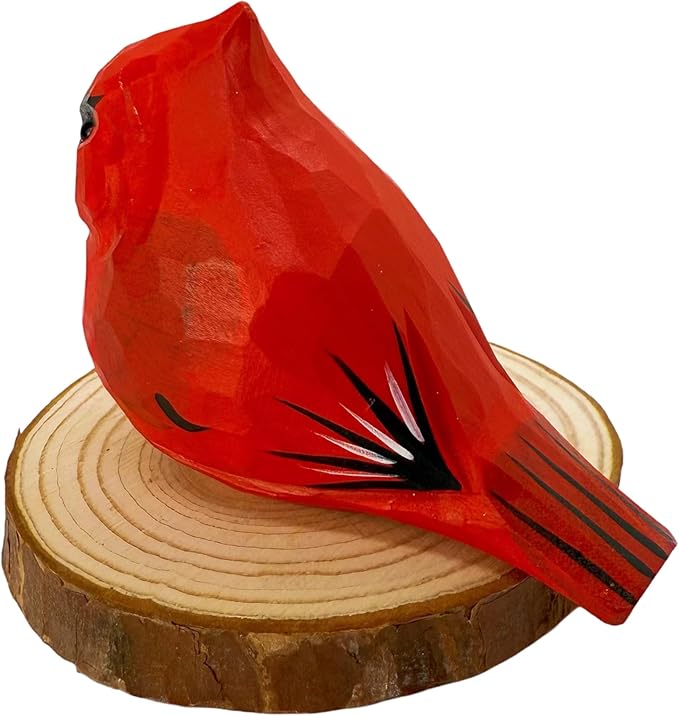 Wooden Bird Figurines Funny Desk Accessories Hand Carved Wood Decorative Small Birds Animal Miniature Statues Ornament for Home Room Decor (Red)