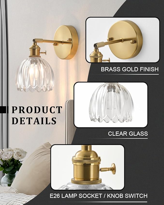 Plug in and Hardwired Wall Sconces, Luxury Vintage Tulip Crystal Glass Shade Wall Light with Switch for Bedside Bedroom Living Room (Tulip-Clear, 1)