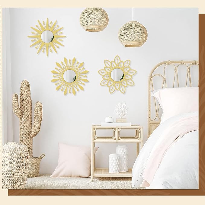Golden Decorative Wall Mirrors Crown Shaped Wall Mirror Boho Wall Decor, for Living Room, Bedroom, Hanging Decor Mirror Set of 3