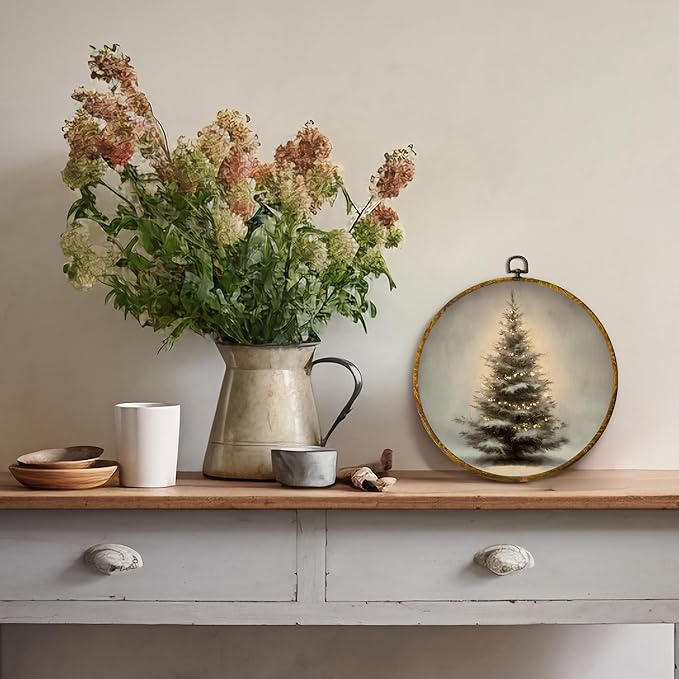 QZQE Vintage Christmas Tree Round Wall Art Decor Framed, Winter Xmas Tree Circle Canvas Prints, Rustic Cozy Winter Cottagecore Circular Wall Hanging Decor for Home Bedroom Living Room, 10x10 Inch