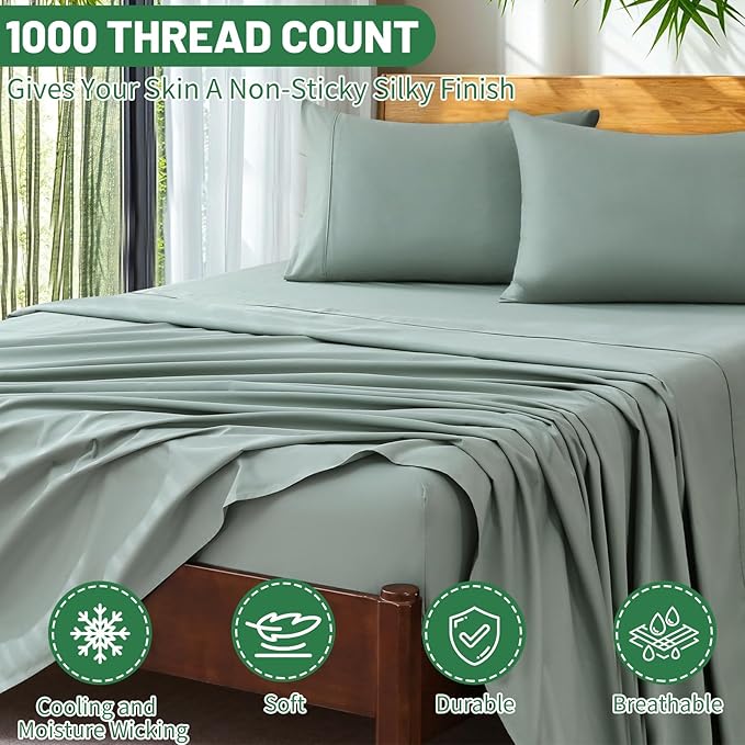 Extra Deep Pocket California King Sheets 18-24 Inch 100% Egyptian Cotton 1000 Thread Count Sateen Weave Soft Breathable 4 Pieces(Ca King,Sage Green)
