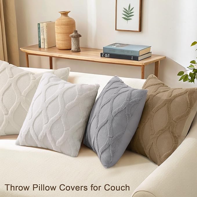 decorUhome Set of 4 Throw Pillow Covers 18x18 Inch, Neutral Decorative Soft Plush Faux Wool Couch Pillow Covers, Farmhouse Pillow Cases for Living Room Bed Sofa (Cream/Khaki)