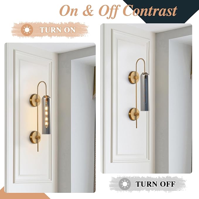 BOKT Brushed Brass Gold Wall Mounted Sconce Mid Century Modern Smoke Gray Glass Wall Sconce Light Single Bathroom Bedroom Wall Lighting Fixtures for Living Room Hallway Kitchen Mirror (Smoke Gray)