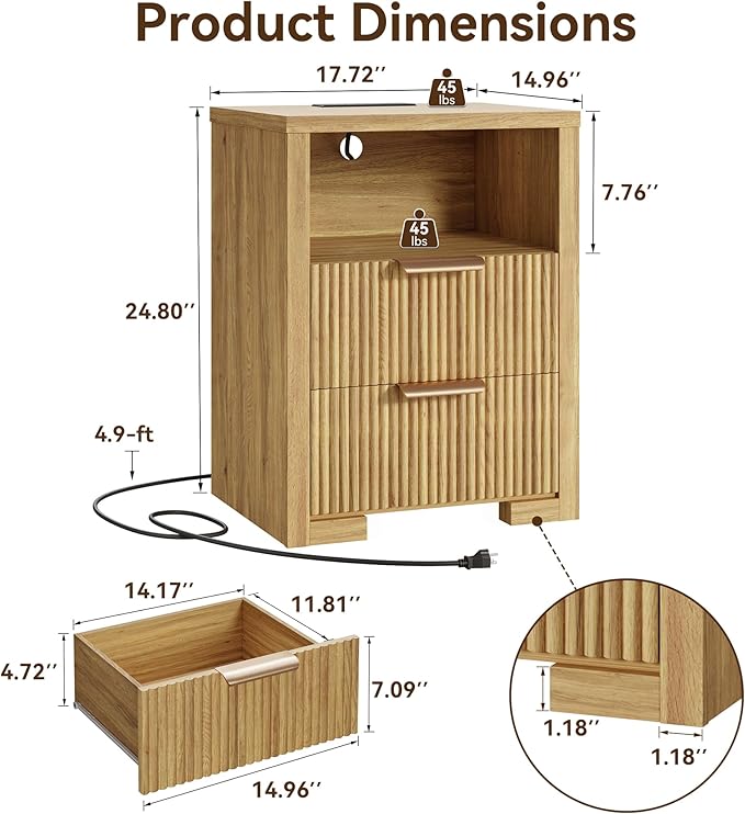 Fluted Nightstand Set of 2 with Charging Station,18" Night Stand with 2 Drawers,End Table with Storage, Bed Side Table for Bedroom,Modern Nightstand for Living Room, Oak
