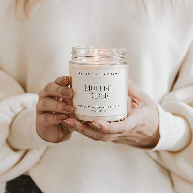 Sweet Water Decor Mulled Cider Candle - Fall Scented with Cinnamon, Icing and Cinnamon Buttery Pastry for Home - Fall Soy Candles with 40 Hours Burn Time - 9Oz Gold Lid Clear Jar Mulled Cider Scents