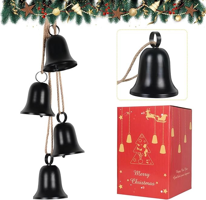styleonme Styleonme Decorative Bells, Christmas Bells, Metal Indoor and Outdoor Blessing Bells, 4-Piece Set of Harmonious Bells, Vintage Handmade and Rustic Lucky Christmas Bells Hanging on a Rope