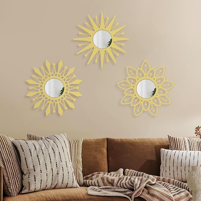 Golden Decorative Wall Mirrors Crown Shaped Wall Mirror Boho Wall Decor, for Living Room, Bedroom, Hanging Decor Mirror Set of 3