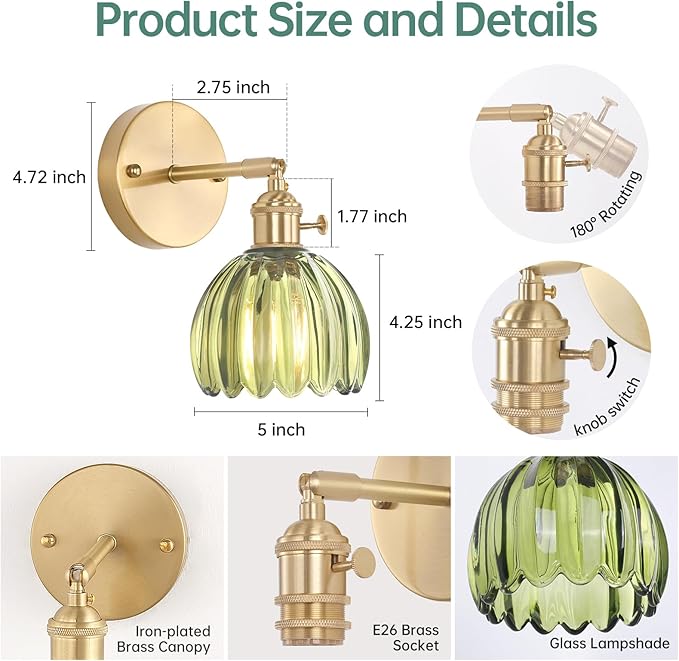 Vintage Wall Sconces Set of 2 with Cute Green Tulip Glass Lampshade 180 Degree Adjustable Brass Sconces Hradwired Modern Wall Lighting Fixture with Switch for Bedside Bedroom Doorway
