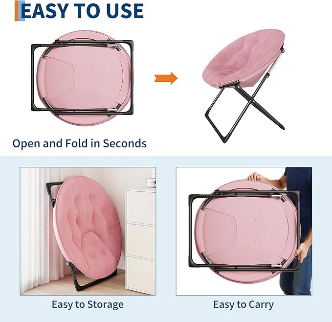 Saucer Chair, Oversized Faux Fur Lounge Chair with Gold Metal Frame for Adults, Foldable Comfy Seat for Bedroom, Dorm & Living Room, (Pink)