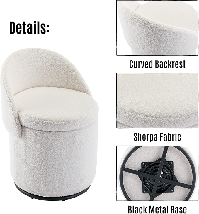 LukeAlon Sherpa Makeup Ottoman with Storage, Upholstered 360° Swivel Vanity Stool with Foldable Backrest Modern Cylindrical Footrest Stool for Living Room Bedroom, White