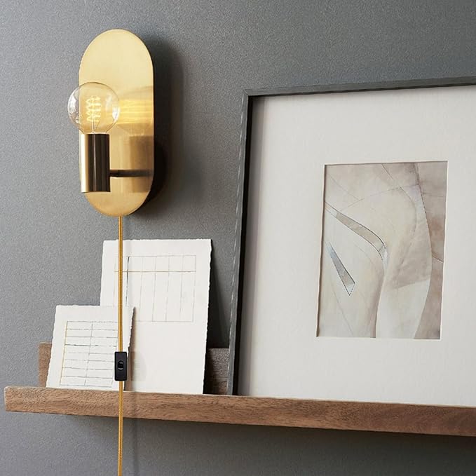 Plug in Wall Sconce Set of 2, Gold Modern Sconces Wall Lighting Cord with On Off Switch, Brushed Wall Mount Light Fixture for Bedroom Living Room Bathroom