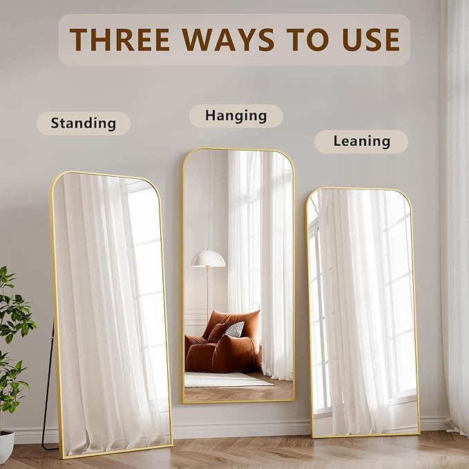 Koonmi Full Length Mirror, 65"x24" Mirror Full Length with Stand, Gold Domed Top Square-Edged Floor Mirror with Aluminum Alloy Frame for Bedroom Living Room