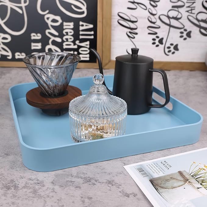 Square Blue Decorative Serving Tray with Handles, Versatile Ottoman Tray for Coffee Table, Entertaining, Outdoor Patio, Living Room, 13”*13”*1.6”