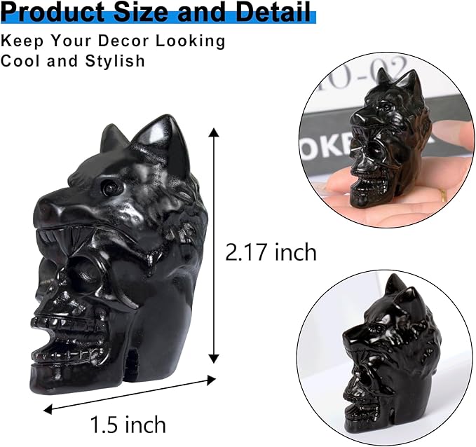 2.17 Inch Crystal Skull with Wolf Head Figurine Decor, Black Obsidian Skull with Wolf Head Statue Decor for Home Office Desk, Hand Carved Healing Crystal Animal Statues Gifts for Women Men