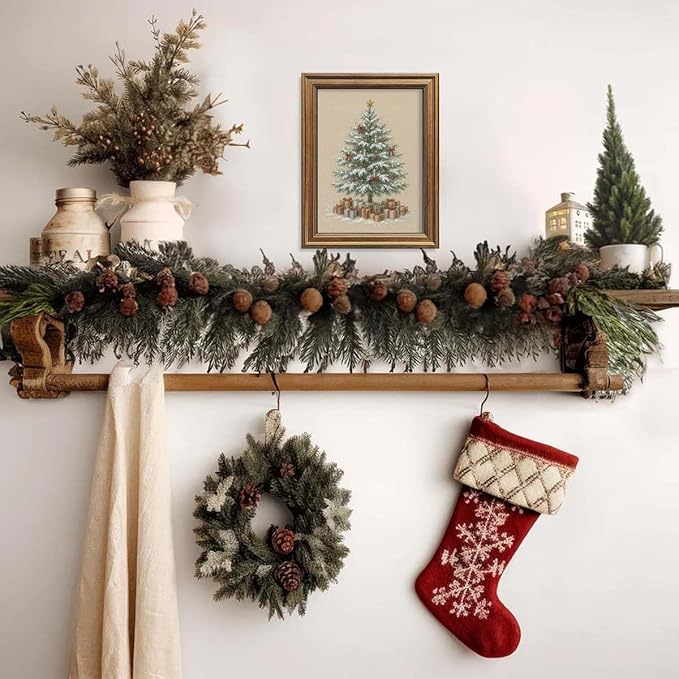 Christmas Tree Wall Art Vintage Gold Framed Wall Decor Rustic Winter Picture Painting for Farmhouse Home Living Room Decor Gift (Christmas Tree, 12L" x 9.5W")