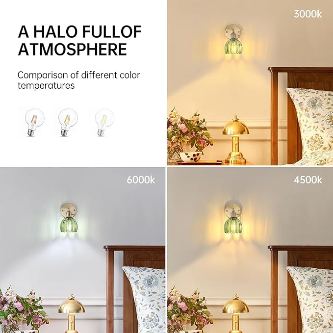 Vintage Wall Sconces Set of 2 with Cute Green Tulip Glass Lampshade 180 Degree Adjustable Brass Sconces Hradwired Modern Wall Lighting Fixture with Switch for Bedside Bedroom Doorway