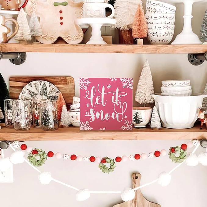 EIONEY Pink Christmas Decorations,Let it Sonw Wooden Box Sign,Pink Winter Christmas Desk Accessories Decor,Seasonal Winter Holiday for Home Bedroom Living Room Office,5x5 Inch