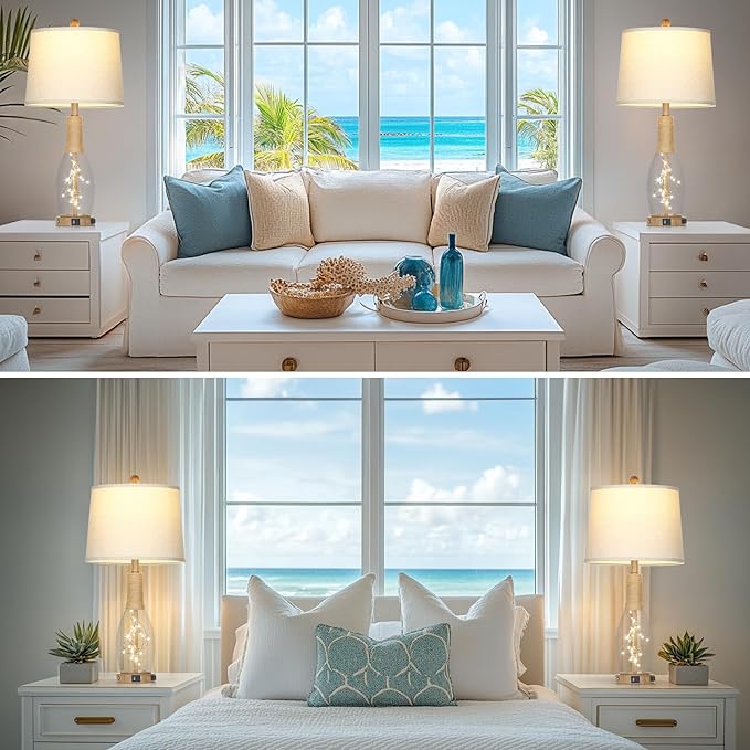 28" Boho Glass Table Lamps Set of 2, Touch Control Bedside Lamps with 2 USB Ports and Outlet, Rattan Lamp with Night Light for Nightstand Living Room Bedroom, 2 LED Bulbs Included, Wood